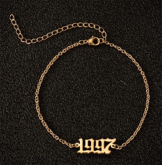 Picture of Stainless Steel Year Anklet Gold Plated Number Message " 1997 " 21cm(8 2/8") long, 1 Piece