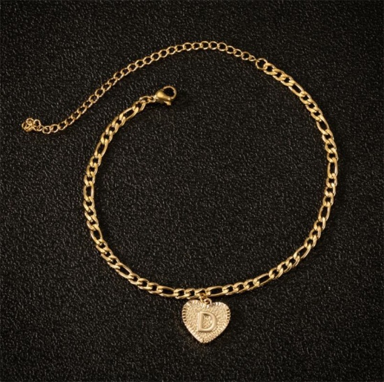 Изображение Stainless Steel Anklet Gold Plated Heart Initial Alphabet/ Capital Letter Message " D " 21cm(8 2/8") long, 1 Piece