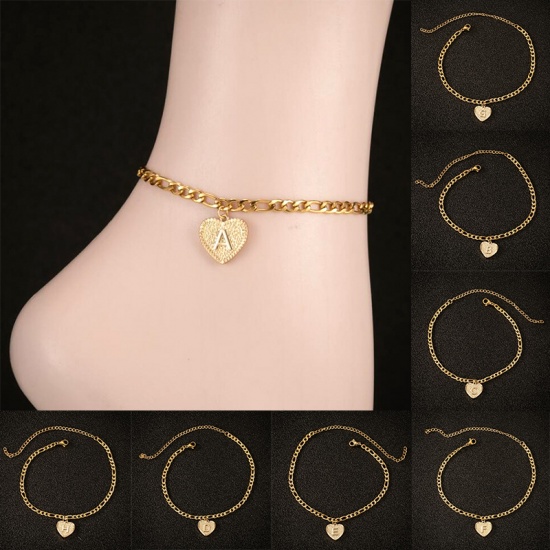 Picture of Stainless Steel Anklet Gold Plated Heart Initial Alphabet/ Capital Letter Message " D " 21cm(8 2/8") long, 1 Piece