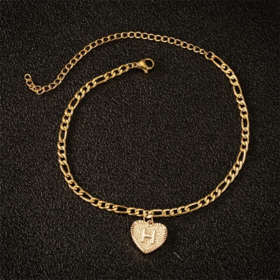 Picture of Stainless Steel Anklet Gold Plated Heart Initial Alphabet/ Capital Letter Message " H " 21cm(8 2/8") long, 1 Piece