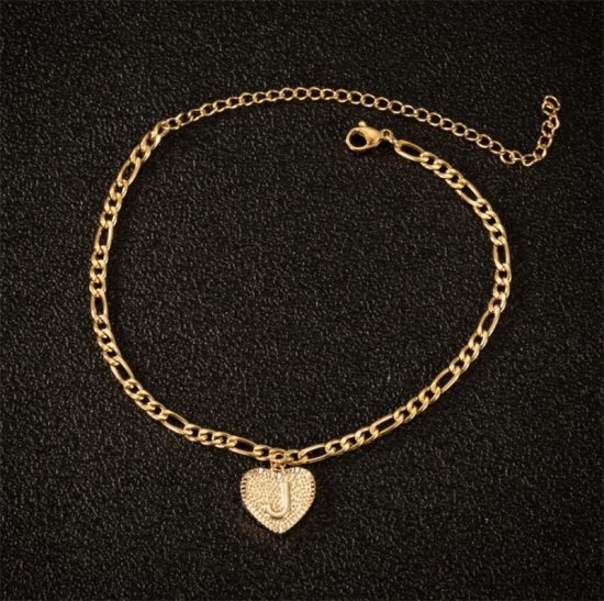 Picture of Stainless Steel Anklet Gold Plated Heart Initial Alphabet/ Capital Letter Message " J " 21cm(8 2/8") long, 1 Piece