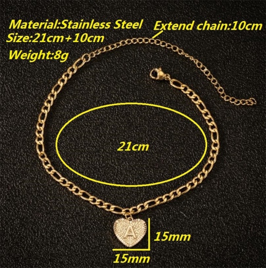 Picture of Stainless Steel Anklet Gold Plated Heart Initial Alphabet/ Capital Letter Message " M " 21cm(8 2/8") long, 1 Piece