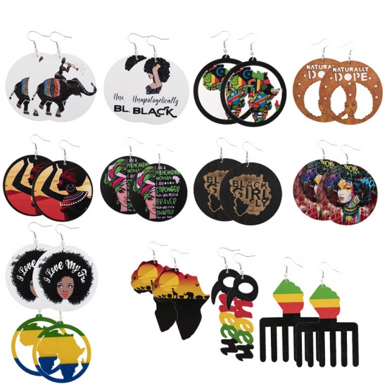 Picture of Wood African Tribal Ethnic Jewelry Earrings Multicolor 8cm x 6cm, 1 Pair