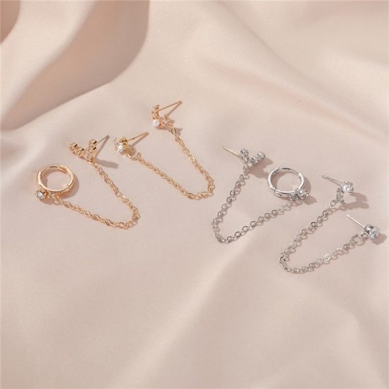 Picture of Brass One Piece Ear Clip Stud Chain Earring Silver Tone Half Moon Imitation Pearl Clear Rhinestone 8.7cm, 1 Piece                                                                                                                                             