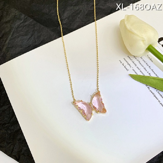 Picture of Brass & Crystal Necklace Gold Plated Light Pink Butterfly Animal 1 Piece                                                                                                                                                                                      