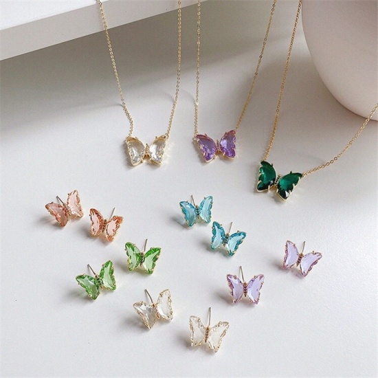 Picture of Brass & Crystal Necklace Gold Plated Light Pink Butterfly Animal 1 Piece                                                                                                                                                                                      