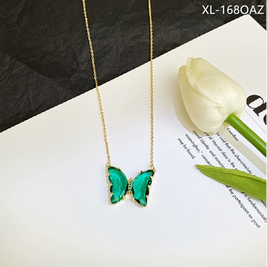 Picture of Brass & Crystal Necklace Gold Plated Green Butterfly Animal 1 Piece                                                                                                                                                                                           