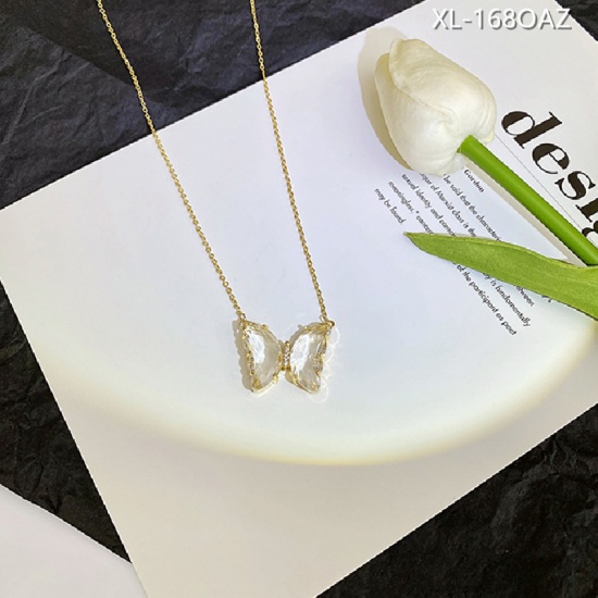 Picture of Brass & Crystal Necklace Gold Plated White Butterfly Animal 24.5cm(9 5/8") long, 1 Piece                                                                                                                                                                      