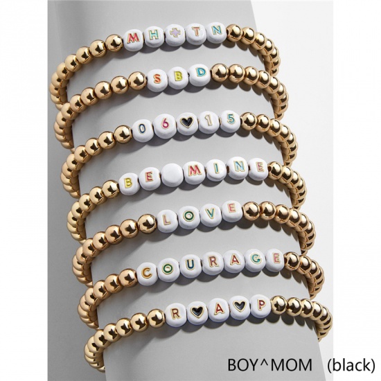 Immagine di Lega di Zinco & CCB Plastico(Piombo & Nichel Sicuro) Bracciali Delicato bracciali delicate braccialetto in rilievo Oro Placcato Bianco Lettere " BOY & MOM " 1 Pz