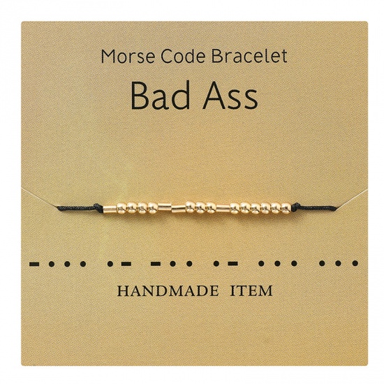 Picture of Copper & Polyester Morse Code Braided Bracelets Gold Plated Black Message " Bad Ass " 1 Piece