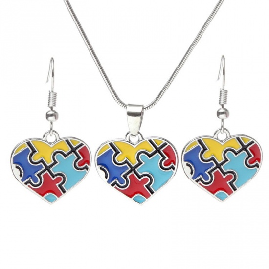 Picture of Children Kids Necklace Silver Tone Multicolor Heart Autism Awareness Jigsaw Puzzle Piece Enamel 1 Piece