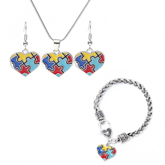 Picture of Children Kids Necklace Silver Tone Multicolor Heart Autism Awareness Jigsaw Puzzle Piece Enamel 1 Piece
