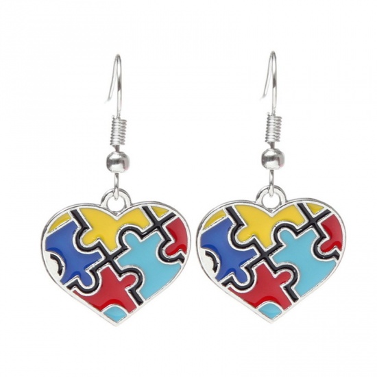 Bild von Kinder Ohrring Silberfarbe Bunt Herz Autismus Erkenntnis Puzzle Emaille 20cm, 1 Paar