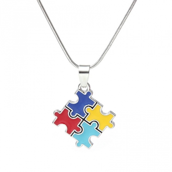 Picture of Children Kids Necklace Silver Tone Multicolor Geometric Autism Awareness Jigsaw Puzzle Piece Enamel 40cm(15 6/8") long, 1 Piece