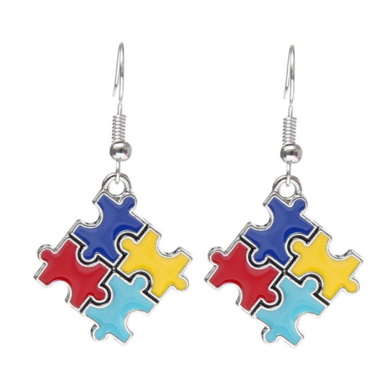 Picture of Children Kids Earrings Silver Tone Multicolor Geometric Autism Awareness Jigsaw Puzzle Piece Enamel 1 Pair