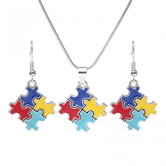 Picture of Children Kids Earrings Silver Tone Multicolor Geometric Autism Awareness Jigsaw Puzzle Piece Enamel 1 Pair