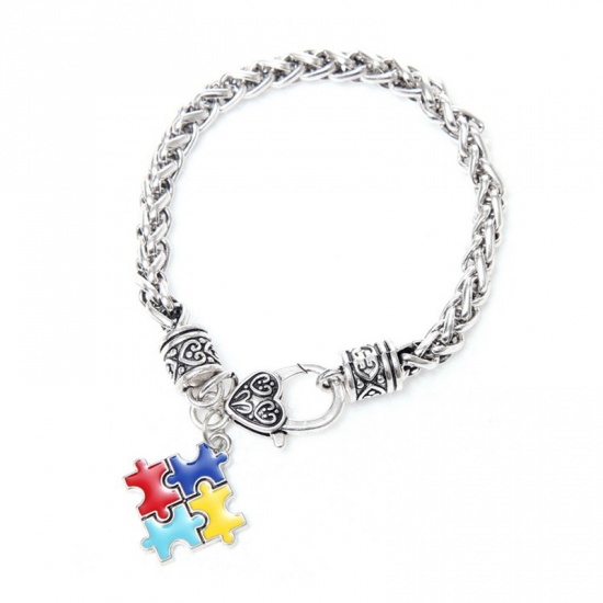 Picture of Children Kids Bracelets Silver Tone Multicolor Geometric Autism Awareness Jigsaw Puzzle Piece Enamel 20cm(7 7/8") long, 1 Piece