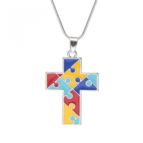 Picture of Children Kids Necklace Silver Tone Multicolor Cross Autism Awareness Jigsaw Puzzle Piece Enamel 40cm(15 6/8") long, 1 Piece