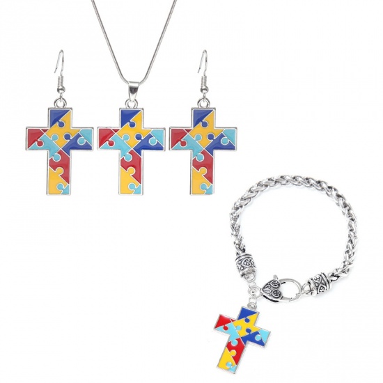 Picture of Children Kids Necklace Silver Tone Multicolor Cross Autism Awareness Jigsaw Puzzle Piece Enamel 40cm(15 6/8") long, 1 Piece