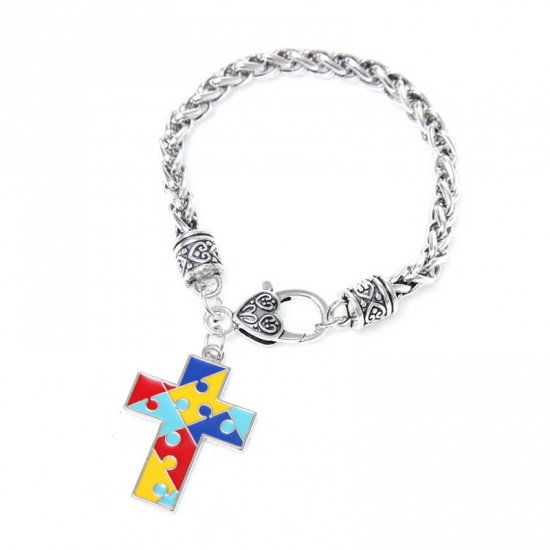 Picture of Children Kids Bracelets Silver Tone Multicolor Cross Autism Awareness Jigsaw Puzzle Piece Enamel 20cm(7 7/8") long, 1 Piece