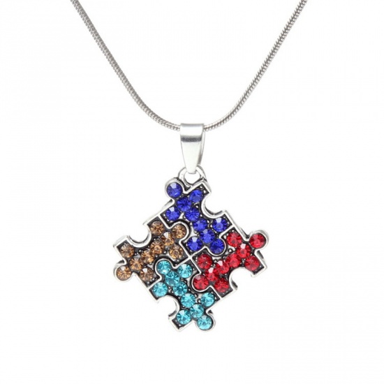 Bild von Kinder Halskette Silberfarbe Geometrie Autismus Erkenntnis Puzzle Bunt Strass Emaille 40cm lang, 1 Strang
