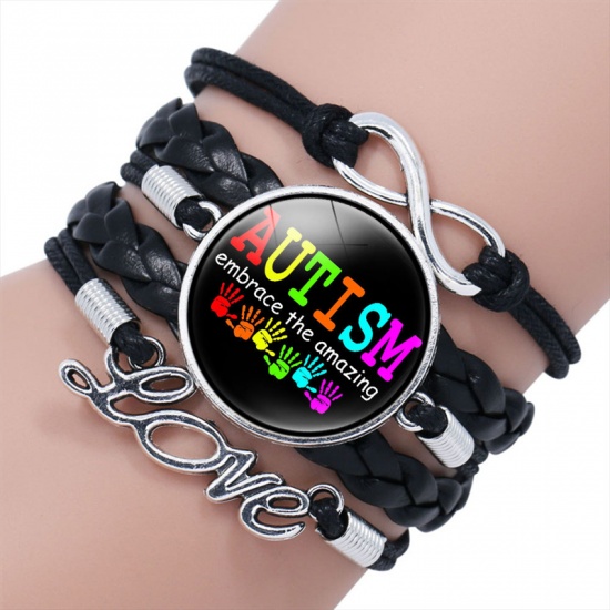 Immagine di Similpelle Bambini Braccialetti Intrecciati Tono Argento Nero Mani Pezzo del Puzzle di Consapevolezza di Autismo Lettere " LOVE " Regolabile 16cm Lunghezza, 1 Pz