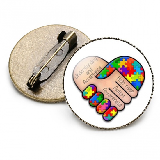 Picture of Pin Brooches Hand Sign Gesture Autism Awareness Jigsaw Puzzle Piece Multicolor 25mm Dia., 1 Piece