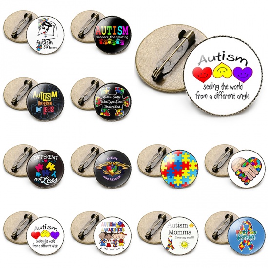 Picture of Pin Brooches Hand Sign Gesture Autism Awareness Jigsaw Puzzle Piece Multicolor 25mm Dia., 1 Piece