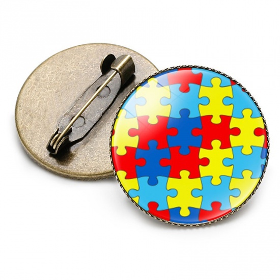 Picture of Pin Brooches Round Autism Awareness Jigsaw Puzzle Piece Multicolor 25mm Dia., 1 Piece