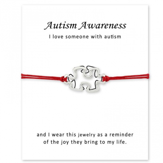 Picture of Braided Bracelets Silver Tone Red Autism Awareness Jigsaw Puzzle Piece Adjustable 1 Piece