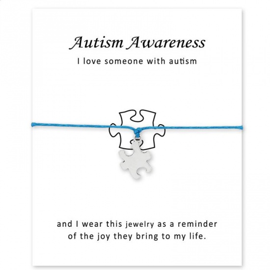 Picture of Braided Bracelets Silver Tone Blue Autism Awareness Jigsaw Puzzle Piece Adjustable 1 Piece