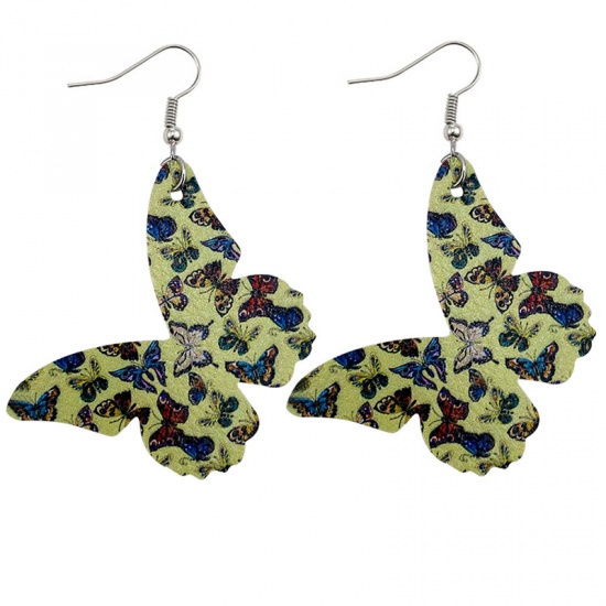 Picture of PU Leather Insect Earrings Green Butterfly Animal At Random 71mm x 52mm, 1 Pair