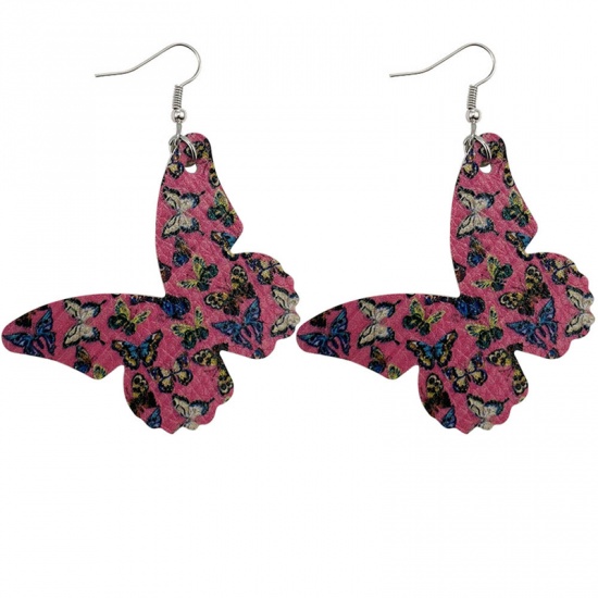 Picture of PU Leather Insect Earrings Fuchsia Butterfly Animal At Random 71mm x 52mm, 1 Pair