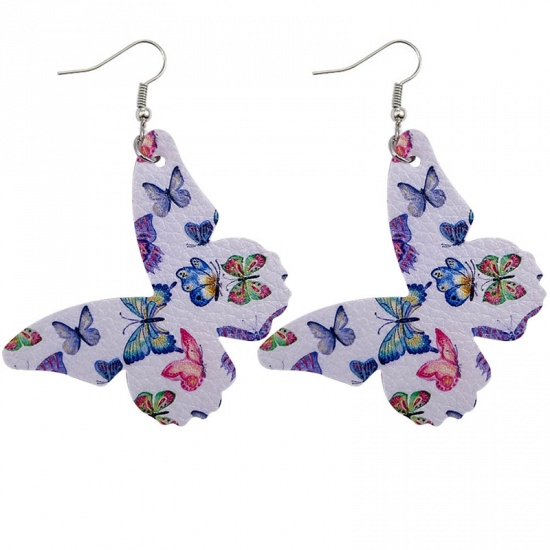 Picture of PU Leather Insect Earrings Multicolor Butterfly Animal At Random 71mm x 52mm, 1 Pair