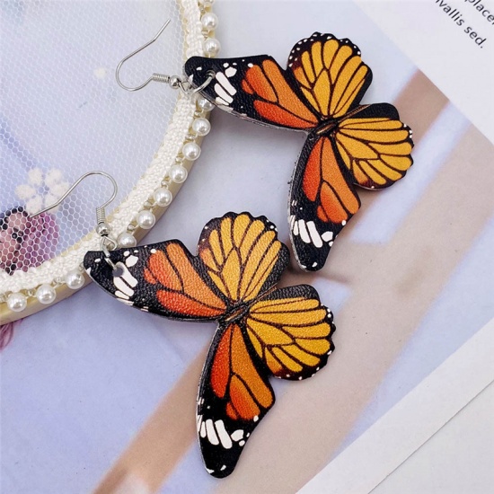 Picture of PU Leather Insect Earrings Yellow Butterfly Animal At Random 71mm x 52mm, 1 Pair