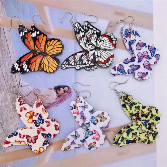 Picture of PU Leather Insect Earrings Yellow Butterfly Animal At Random 71mm x 52mm, 1 Pair