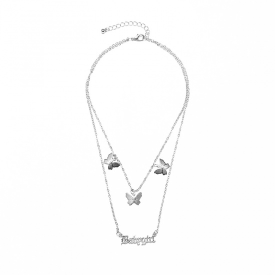 Bild von Mehrschichtige Halskette Silberfarbe Schmetterling Message " Babygirl " 36cm lang, 1 Strang