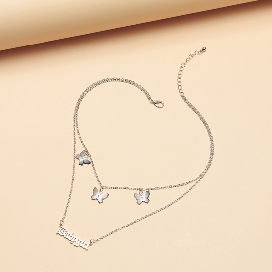 Bild von Mehrschichtige Halskette Silberfarbe Schmetterling Message " Babygirl " 36cm lang, 1 Strang