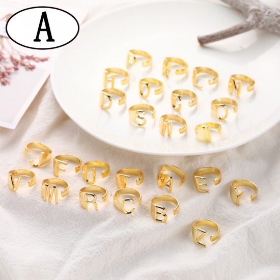 Picture of Open Adjustable Rings Gold Plated Capital Alphabet/ Letter Message " A " 1 Piece