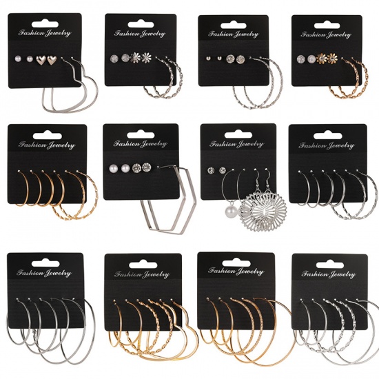Imagen de Hoop Earrings Silver Tone Circle Ring Round Clear Rhinestone 1 Set ( 3 Pairs/Set)