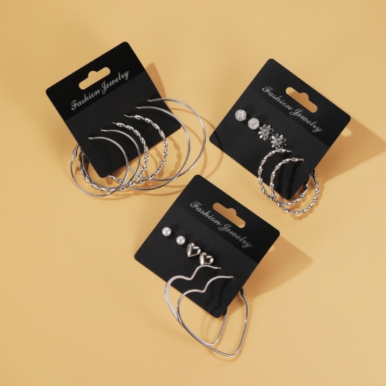 Picture of Hoop Earrings Silver Tone Circle Ring Flower Clear Rhinestone 1 Set ( 3 Pairs/Set)