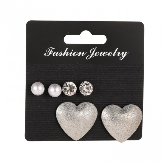 Picture of Ear Post Stud Earrings Silver Tone Heart Round Clear Rhinestone Imitation Pearl 1 Set ( 3 Pairs/Set)