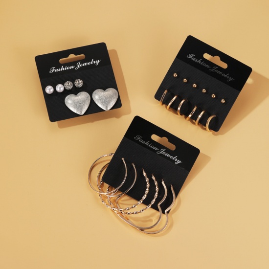 Imagen de Ear Post Stud Earrings Silver Tone Heart Round Clear Rhinestone Imitation Pearl 1 Set ( 3 Pairs/Set)