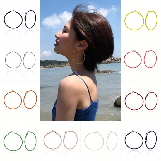 Picture of Hoop Earrings Blue Enamel Circle Ring 6cm Dia, 1 Pair