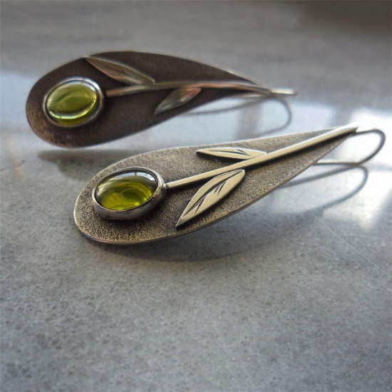 Picture of Birthstone Vintage Retro Earrings Antique Bronze Olive Green Leaf August Imitation Peridot 40mm x 13mm, 1 Pair