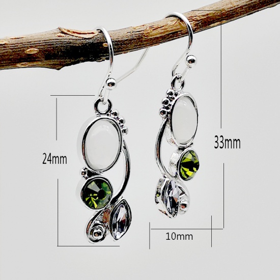 Picture of Birthstone Vintage Retro Earrings Platinum Color White & Green Leaf August Imitation Peridot Clear Rhinestone 33mm x 10mm, 1 Pair