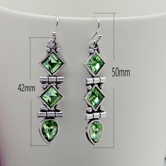 Picture of Birthstone Vintage Retro Earrings Antique Silver Color Olive Green Geometric August Imitation Peridot 50mm x 11mm, 1 Pair