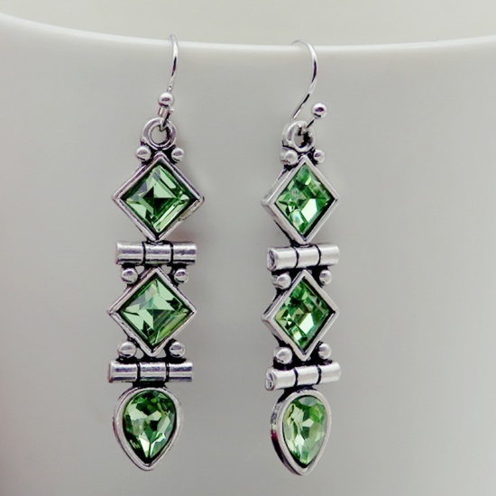 Picture of Birthstone Vintage Retro Earrings Antique Silver Color Olive Green Geometric August Imitation Peridot 50mm x 11mm, 1 Pair