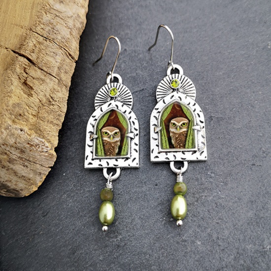 Picture of Birthstone Vintage Retro Earrings Antique Silver Color Olive Green Owl Animal August Imitation Peridot 63mm x 17mm, 1 Pair