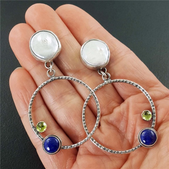 Picture of Birthstone Vintage Retro Earrings Antique Silver Color Olive Green Circle Ring August Imitation Peridot 47mm x 25mm, 1 Pair